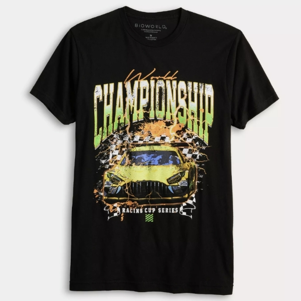 NWOT Men's World Championship Vintage Oversized Graphic Racing Car Tee Black XL